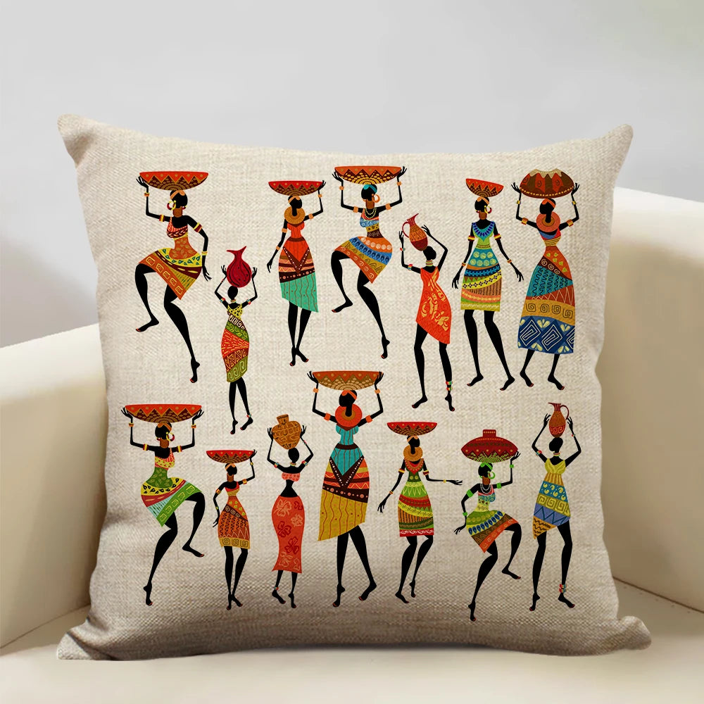 African Oil Painting Cushion Cover – Dancing Girl Art - Glow by Hellen African and Boho Jewelry African Home Decor Cultural Accessories